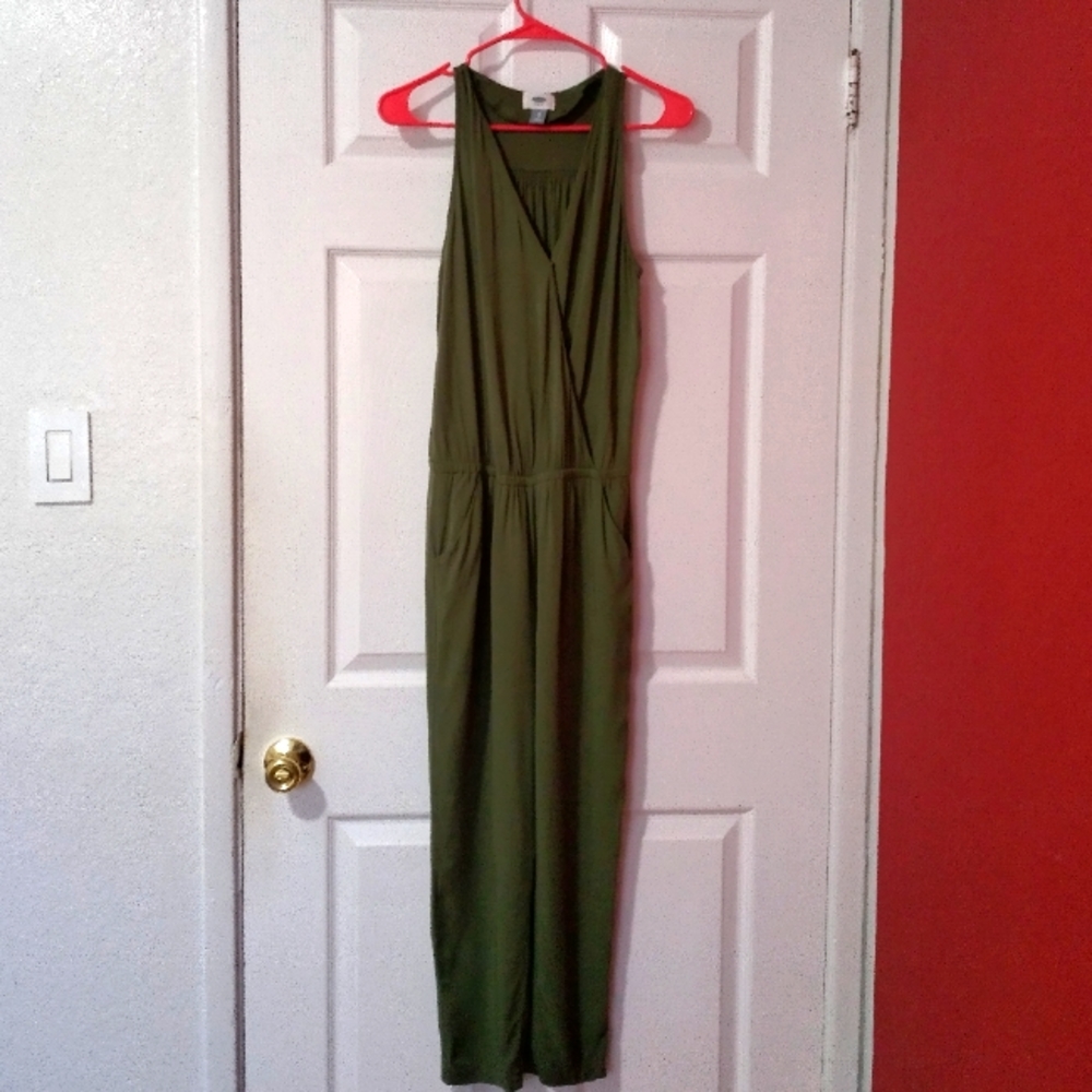 Old Navy Women Olive Green Surplice Jumpsuit